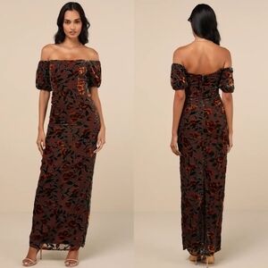 Lulus Confidently Impressive Brown Velvet Off-the-Shoulder Maxi Dress L Wedding